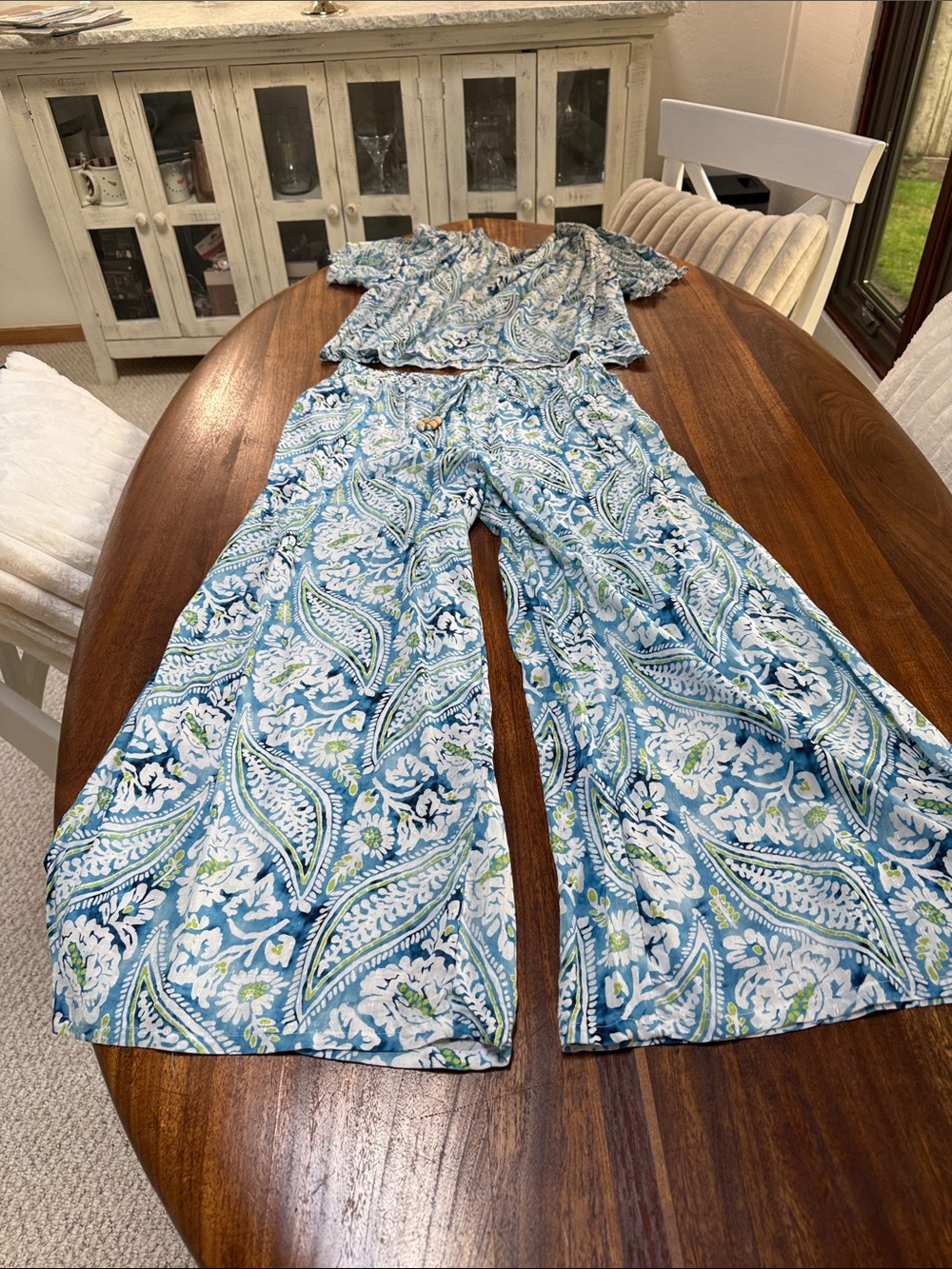 Christian Siriano Blue Paisley Wide-Leg Pants & Matching Top Set